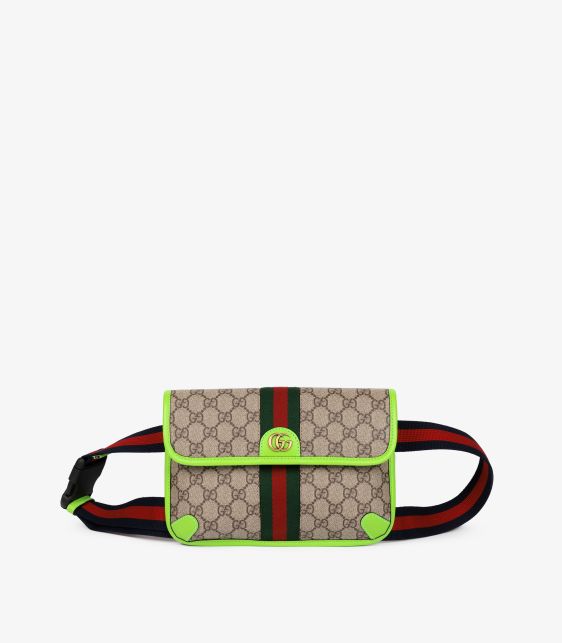 Beige GG Supreme Coated Canvas & Neon Green Pigskin Leather Small Ophidia Belt Bag