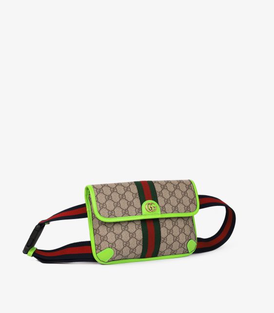 Beige GG Supreme Coated Canvas & Neon Green Pigskin Leather Small Ophidia Belt Bag