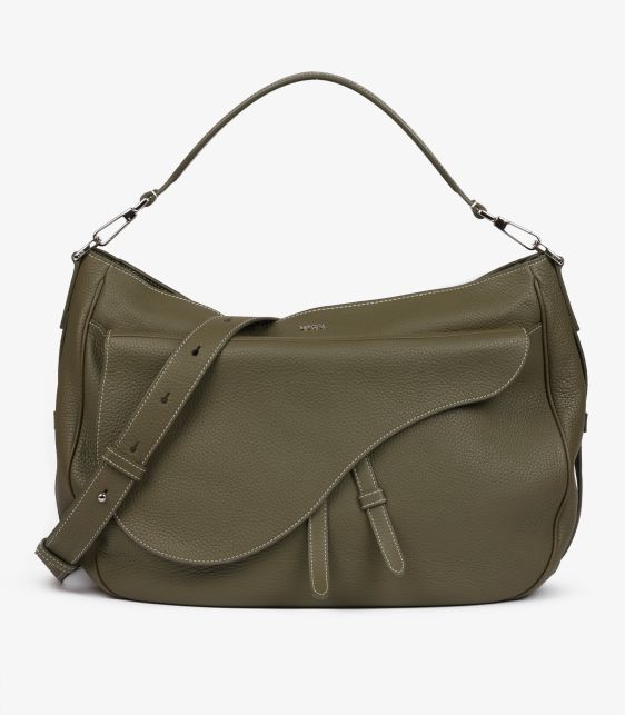 Khaki Grained Calfskin Leather Soft Saddle Bag