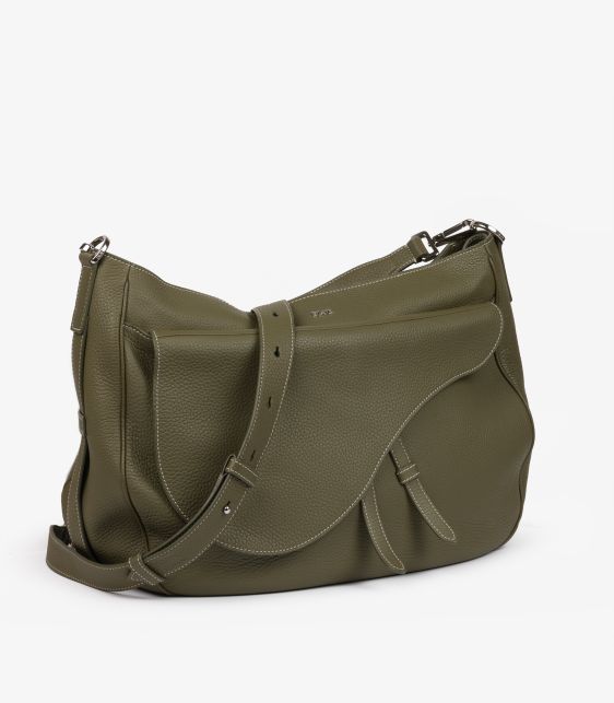 Khaki Grained Calfskin Leather Soft Saddle Bag