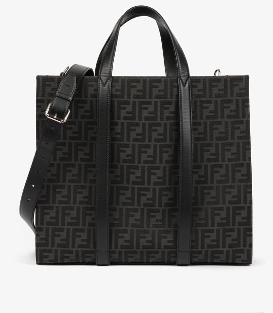 Grey Zucca Print Canvas & Black Calfskin Leather Shopper Tote