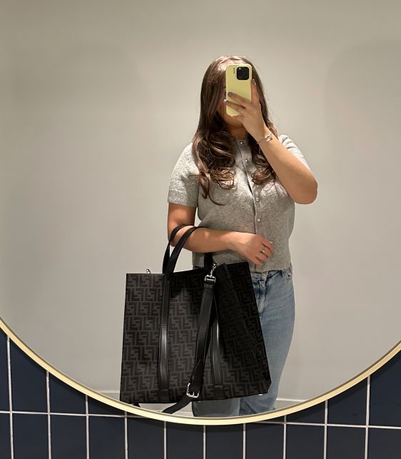 Grey Zucca Print Canvas & Black Calfskin Leather Shopper Tote