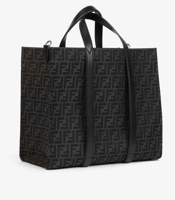 Grey Zucca Print Canvas & Black Calfskin Leather Shopper Tote