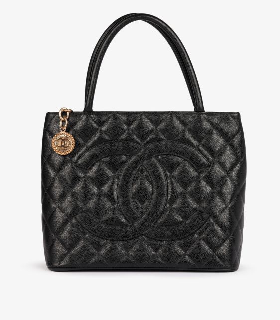 Black Quilted Caviar Leather Vintage Medallion Tote