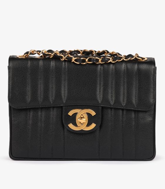 Black Vertical Quilted Caviar Leather Vintage Jumbo XL Classic Single Flap Bag
