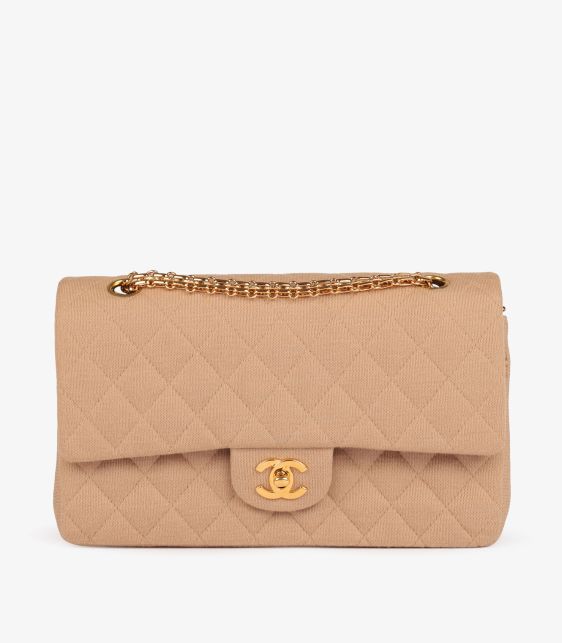 Beige Quilted Jersey Fabric Vintage Medium Classic Double Flap Bag