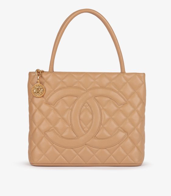 Beige Quilted Caviar Leather Vintage Medallion Tote