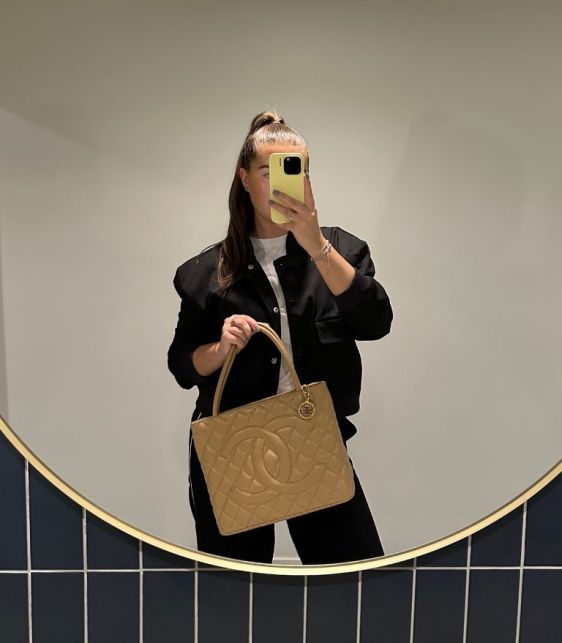 Beige Quilted Caviar Leather Vintage Medallion Tote