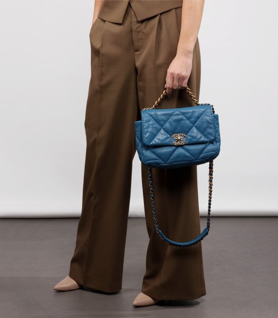 Blue Quilted Goatskin Leather Small 19 Flap Bag