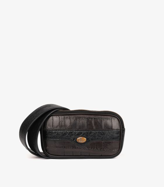 Aubergine Matte Alligator & Calfskin Leather, Black Aged Patent Leather Ophidia Mini Belt Bag - Size 75