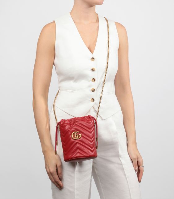 Red Chevron Quilted Calfskin Leather GG Marmont Mini Bucket Bag