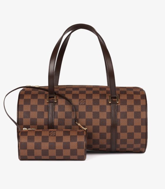 Damier Ebene Coated Canvas & Brown Calfskin Leather Vintage Papillon 30 with Pouch