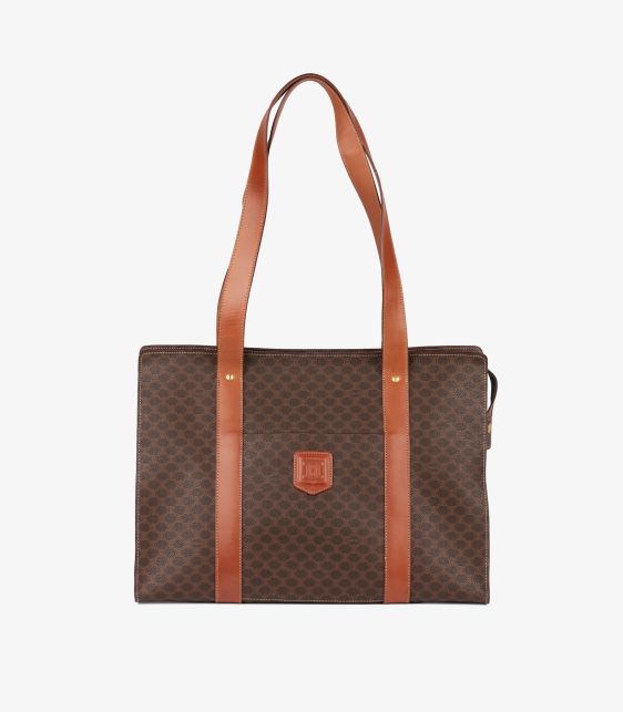 Brown Macadam Coated Canvas & Calfskin Leather Vintage Shoulder Tote