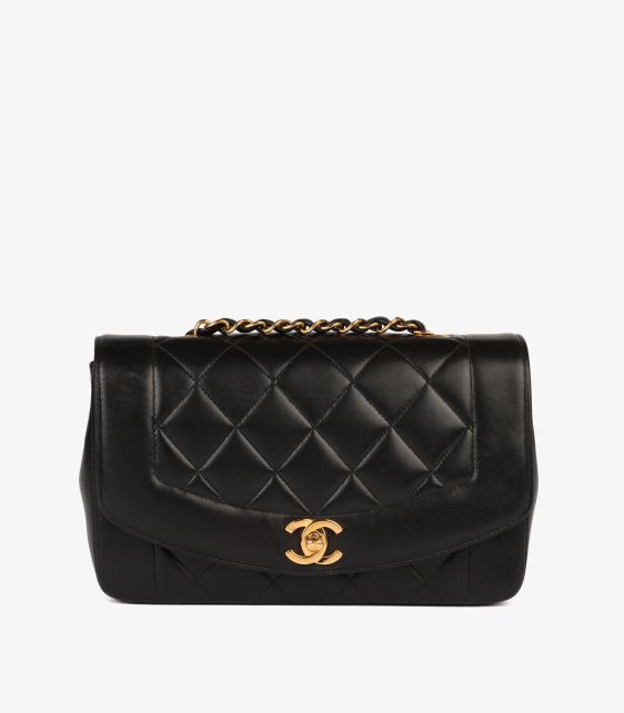 Black Quilted Lambskin Leather Vintage Small Diana Classic Single Flap Bag