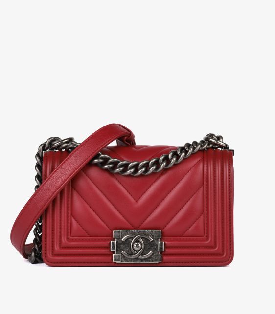 Dark Red Chevron Quilted Lambskin Leather Small Le Boy
