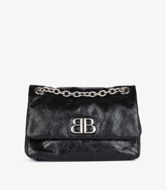 Black Shiny Aged Calfskin Leather Mini Monaco
