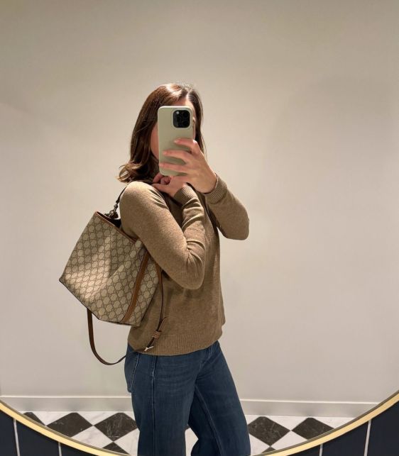 Beige GG Supreme Coated Canvas & Brown Calfskin Leather Medium GG Emblem Bucket Bag