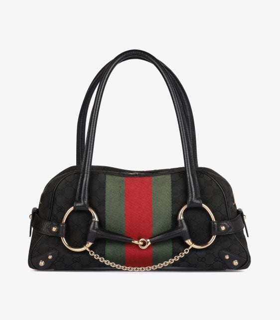 Black GG Monogram Canvas & Calfskin Leather Web Vintage Horsebit Tote