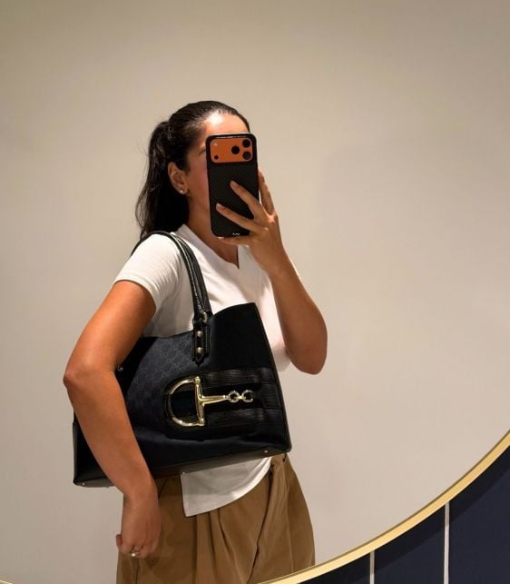 Blue GG Monogram Canvas & Black Calfskin Leather Web Vintage Horsebit Hasler Tote