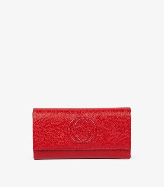 Red Pebbled Calfskin Leather GG Soho Long Wallet