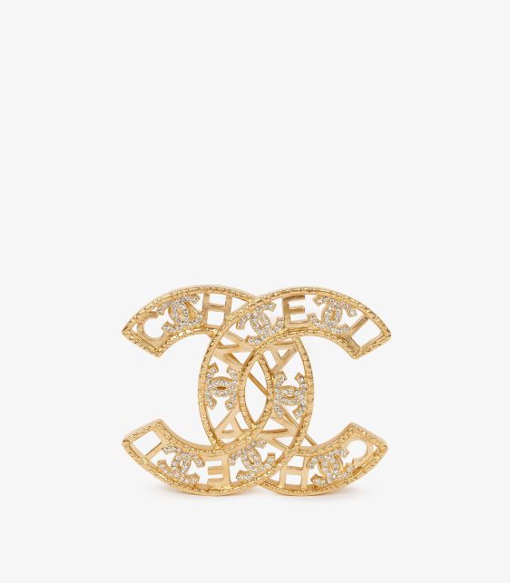 Crystal Gold Tone CC Logo Brooch