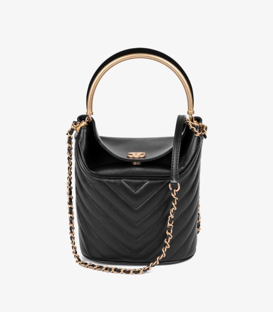 A Pre-Loved Chanel Black Chevron Quilted Lambskin Handle with Chic Bucket Bag from Xupes