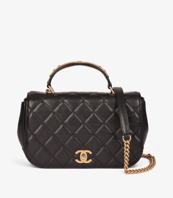 Black Quilted Caviar Leather Medium Classic Top Handle Flap Bag