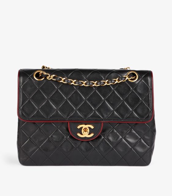 Black Quilted Lambskin Vintage Medium Classic Single Flap Bag with Red Trim