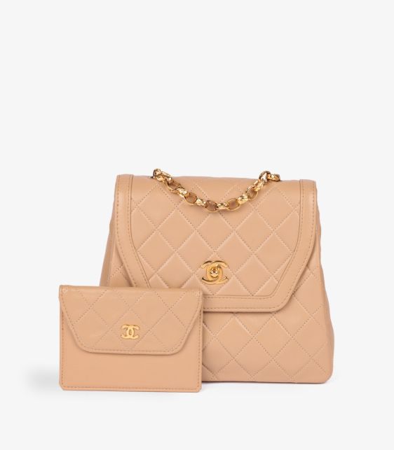 Beige Quilted Lambskin Vintage Mini Flap Bag with Wallet