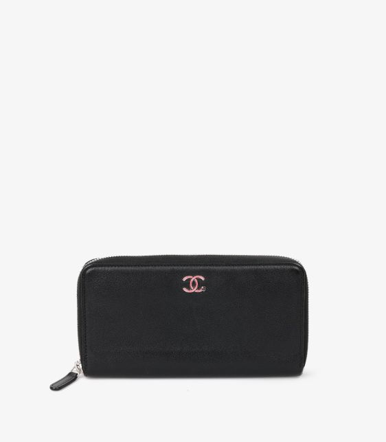 Black Calfskin Leather Pink Clover Classic Long Zip Wallet