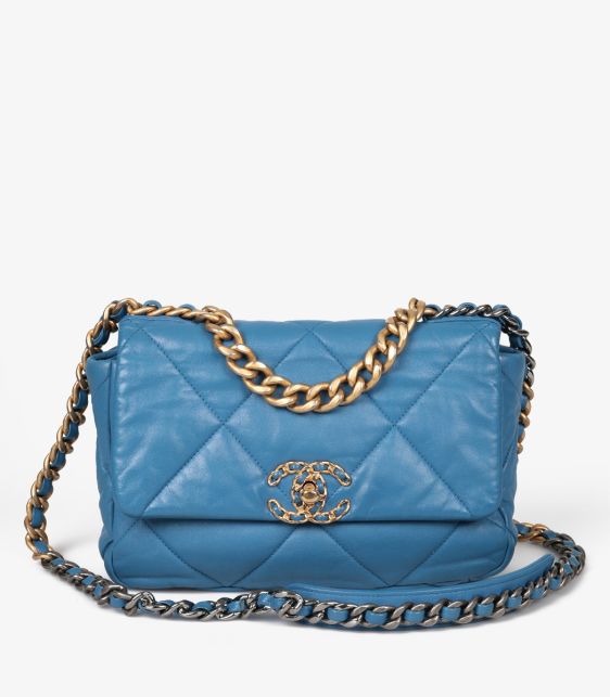 A Pre-Loved Chanel Blue Quilted Goatskin Leather Small 19 Flap Bag from Xupes