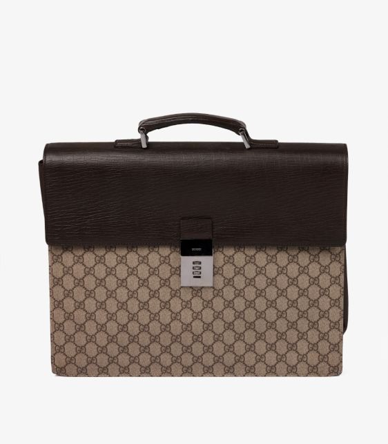 A Pre-Loved Gucci GG Supreme Coated Canvas & Brown Calfskin Leather Vintage Briefcase from Xupes