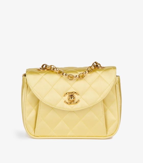 Yellow Quilted Satin Vintage Mini Flap Bag