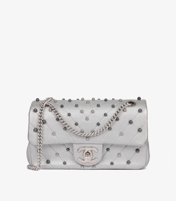 Silver Chevron Quilted Lambskin Stud Wars Rectangular Mini Flap Bag
