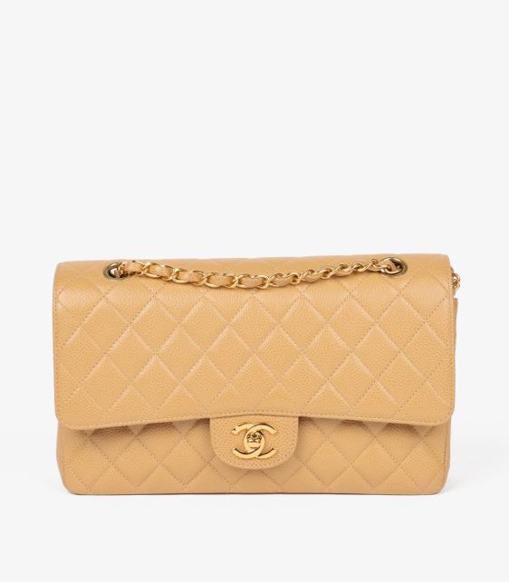 Beige Caviar Leather Medium Classic Double Flap Bag