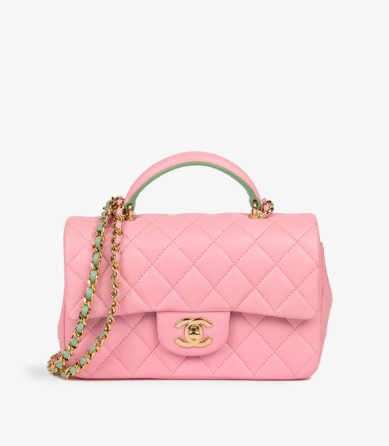 A pre-loved Chanel Pink & Green Quilted Lambskin Rectangular Mini Flap Bag with Top Handle