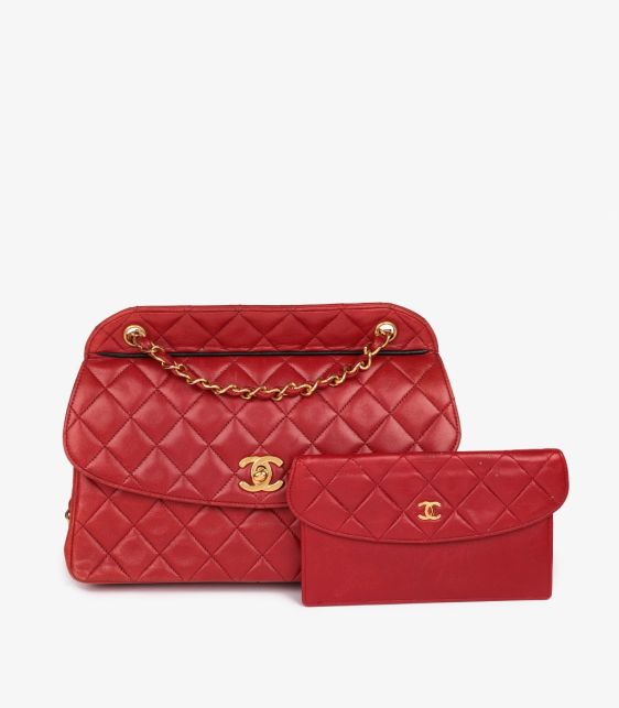 Red Quilted Lambskin Vintage Medium Classic Single Flap Bag with Pouch