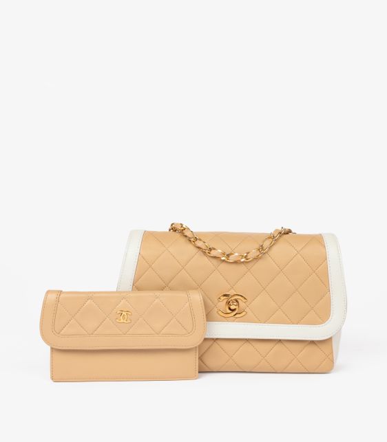Chanel Beige & White Quilted Lambskin Vintage Small Classic Single Flap Bag with Wallet