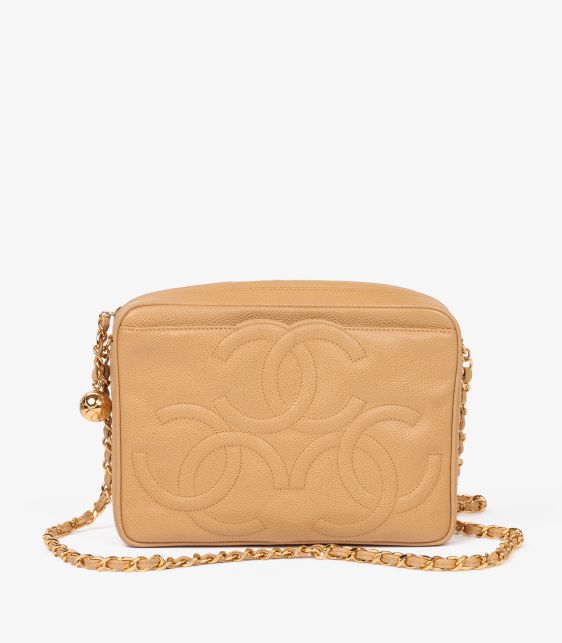 Beige Quilted Caviar Leather Vintage Small Triple Logo Camera Bag