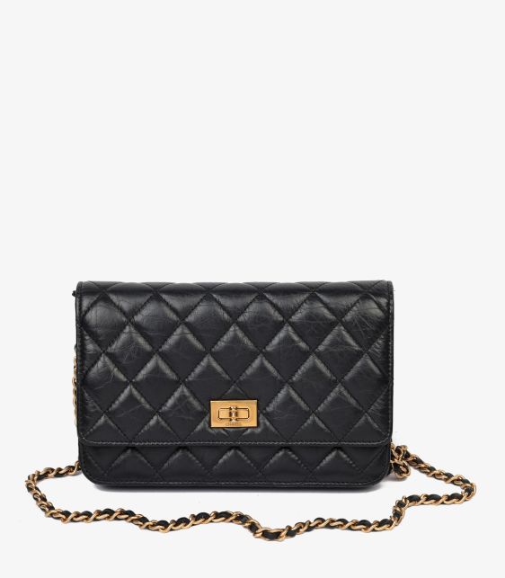 Chanel Black Quilted Crinkled Calfskin Leather 2.55 Reissue Wallet-on-Chain