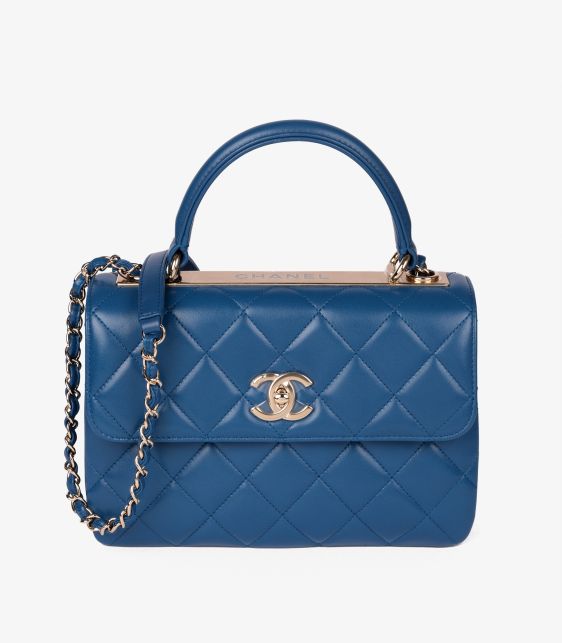 A pre-loved Chanel Blue Quilted Lambskin Leather Small Trendy CC Top Handle