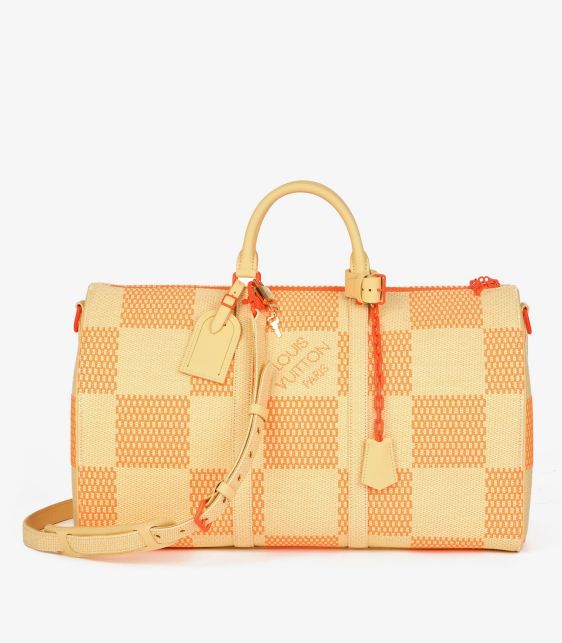 Natural & Orange Raffia, Beige Calfskin Leather Keepall 50 Bandoulière