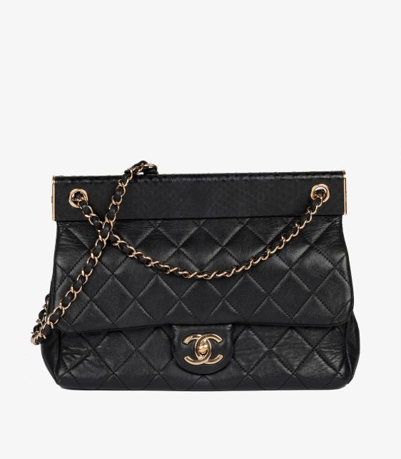 Black Lambskin & Snakeskin Leather Medium Frame Classic Single Flap Bag