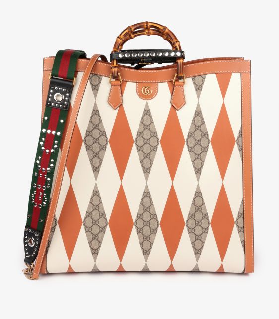 Brown, White & GG Supreme Coated Canvas Patchwork, Brown Calfskin Leather Maxi Diana