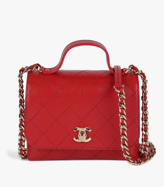Red Quilted Lambskin Small Double Pocket Top Handle Flap Bag