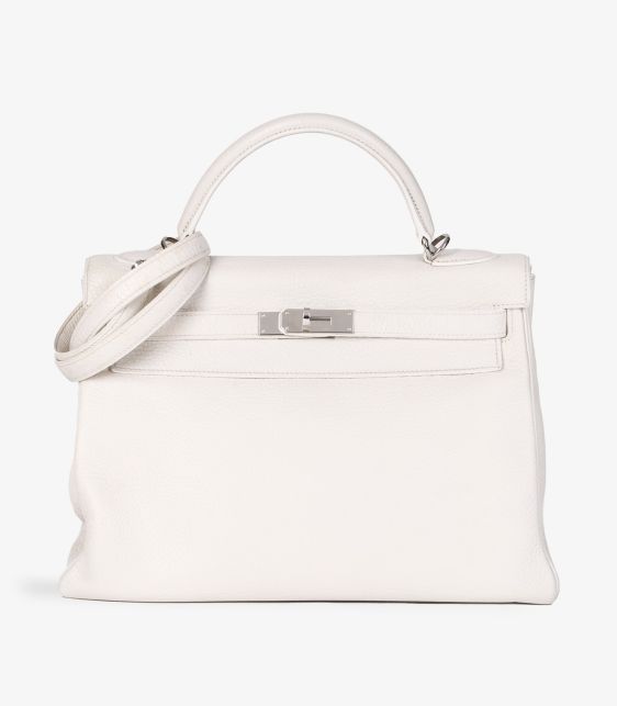 White Clemence Leather Kelly 32cm Retourne