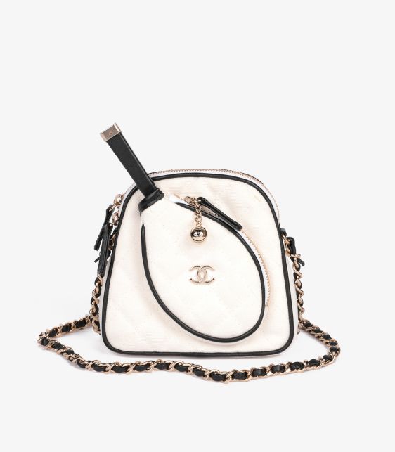 White Quilted & Black Calfskin Leather Mini Crossbody Tennis Bag