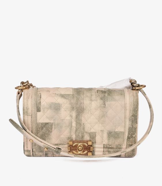 Chanel Green & Beige Painted Quilted Caviar Leather Cuba Medium Le Boy Bag
