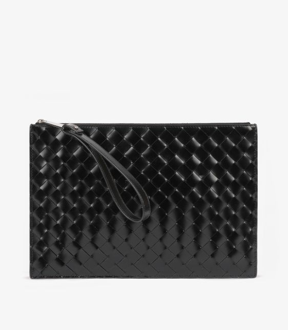 Black Woven Calfskin Leather Wristlet Pouch