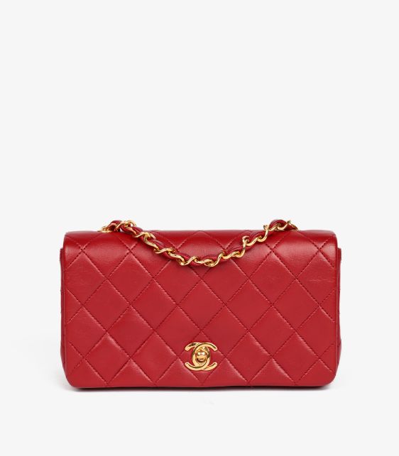 Red Quilted Lambskin Vintage Rectangular Mini Full Flap Bag